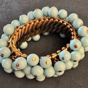 Vintage Light Blue Beaded Stretch Bracelet with Gold Accents